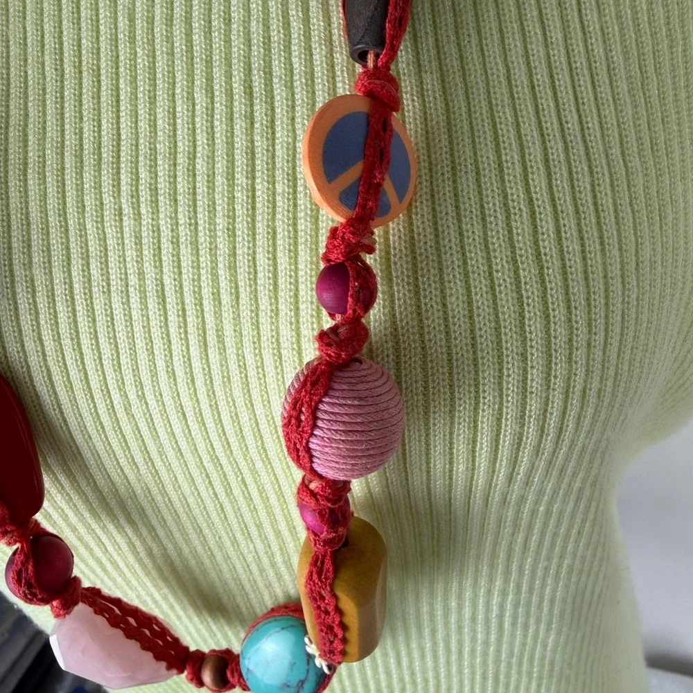 Lucky Brand Red Crochet Long Necklace Multi Color Mixed Media Beads Peace 38